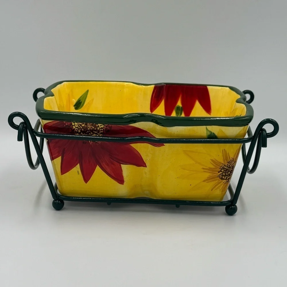 Temptations Sunflower Presentable Ovenware 1qt Casserole and Green Wire Basket